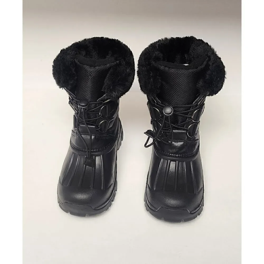 Toddler Kid's Lace Up Elastic Black Faux Fur Snow Boots Size 30/12.5